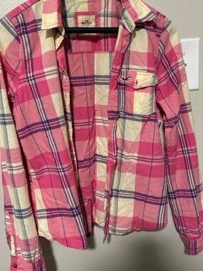 Hollister Pink & Cream Plaid Button-Up Jacket